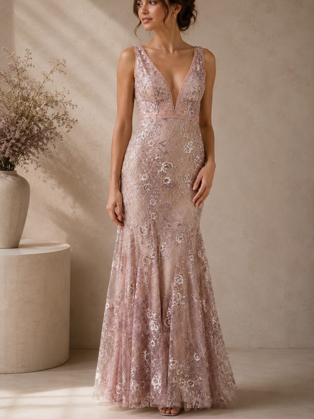 Mac Duggal 67481 Embellished Plunge Floral Lace Rose Pink Gown